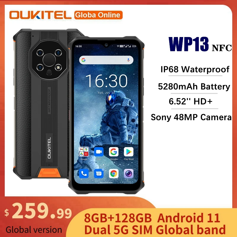 OUKITEL WP13 смартфон с 5 7-дюймовым дисплеем ОЗУ 8 Гб ПЗУ 128 ГБ 6 52 мАч Android 11 48 МП |
