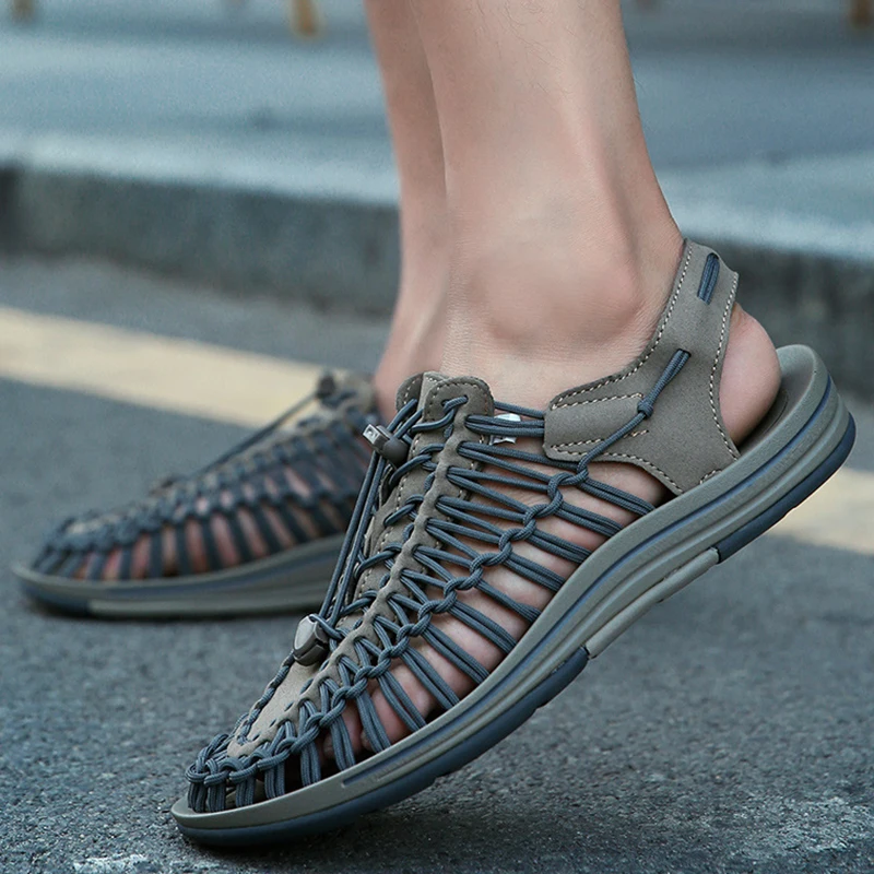 Men Sandals Rubber Bottom Hand Stitched Elastic Band Mens Summer Casual Shoes Outdoor Beach Lightweight No Slip Sandals For Men