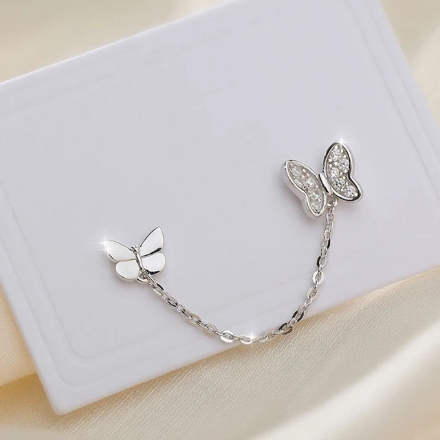 ANENJERY-Boucles d'Oreilles Papillon en Argent pour Femme, Double Trou d'Oreille, Pompon, Bijoux