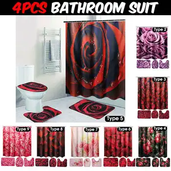 

4Pcs Bathroom Non-slip Mat Set Lid Toilet Cover Pedestal Mat Bath Shower Curtain Waterproof Mildew Quick Dry Wrinkle Resistan