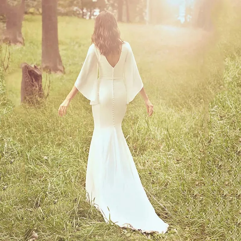 Batwing Sleeve Wedding Dress 2020 Ivory Trumpet Mermaid Wedding Dress Bride Dress Belt Chapel Train 34 Sleeve Weeding Gowns (3)