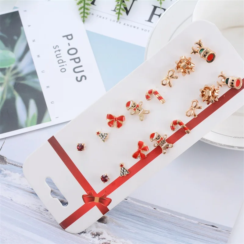 8Pairs/Set Crystal Christmas Stud Earrings For Women Santa Claus Tree Elk Christmas Earrings Jewelry Girls Gifts Accessories