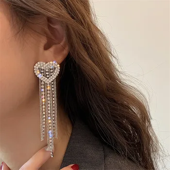 

FYUAN Love Heart Crystal Drop Earrings for Women Bijoux Long Tassel Rhinestone Dangle Earrings Party Jewelry Accessories