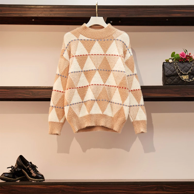 Свободный твист свитер для женщин Осень/Зима японский ретро Вырез Лодочкой Пуловер Рубашка куртка для отдыха на каждый день офис леди Argyle розовый топ - Цвет: Khaki