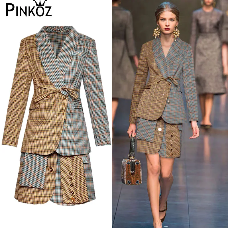 

Pinkoz Party Celebrity Style Lace Up Plaid Patchwork Blazer +Botton Bow Mini Skirt Vintage Elegant Chic Women'S 2 Pieces Sets