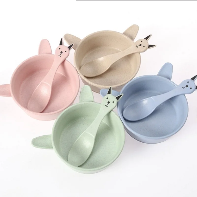 

Wheat straw bowl folk spoon temperature sensing dishes set baby dinner plate training Bowl spoons fork learning eating tableware
