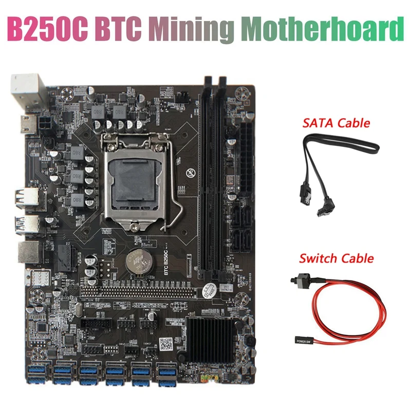 B250C BTC Miner Motherboard with SATA Cable+Switch Cable 12XPCIE to USB3.0 Card Slot LGA1151 Supports DDR4 DIMM RAM |