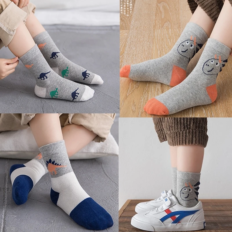 5 пар/лот, модные носки для мальчиков хлопковые осенне-зимние детские носки с динозаврами, плотные теплые мягкие эластичные детские носки для мальчиков, От 1 до 10 лет