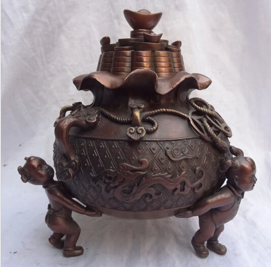 ---518+++10&quot Chinese Pure Bronze Dragon RuYi Coin Statue Kid Child Incense Burner Censer | Дом и сад