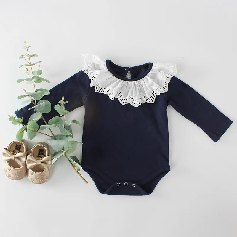 Новая брендовая одежда для новорожденных девочек милый хлопковый кружевной боди с длинными рукавами одежда боди для девочек топы - Цвет: Тёмно-синий