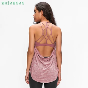 

BESCSHERE 2in1 FLY Crisscross Yoga Gym Tank Tops+Inside Bra Women Loose Fit Soft Workout Fitness Vest Sport Sleeveless Shirts