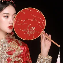 JaneVini, изысканный китайский красный свадебный веер и кисточка, старинный стиль, Свадебная Упаковка букета с шелковым принтом для невесты