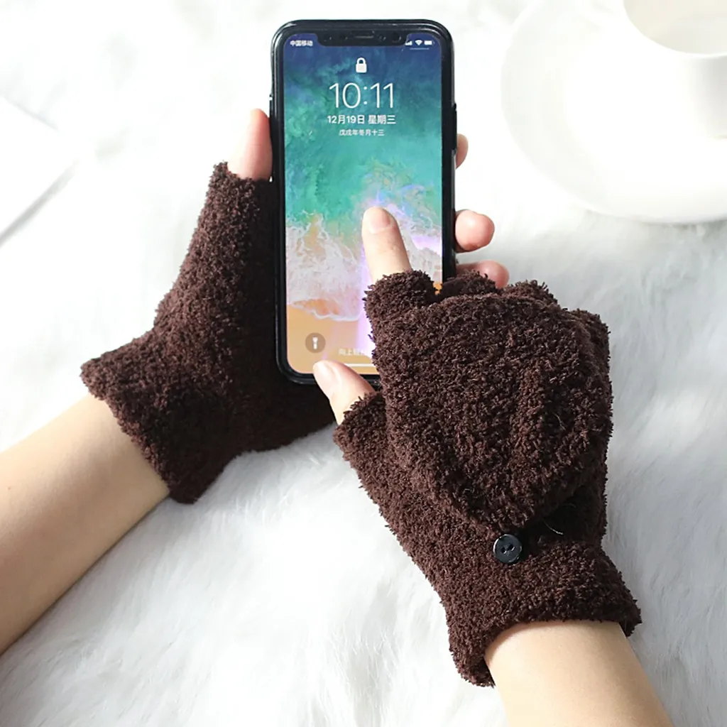 Feitong женские перчатки пара простые Холодостойкие перчатки с коралловым флисом перевернутые перчатки без пальцев - Цвет: Coffee