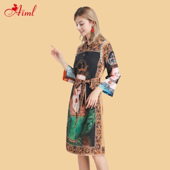 

Designer Female 2020 Spring Summer Character Print Wrist Sleeve Knee Length Loose waistband Lady Dress Midi Party Gowns New
