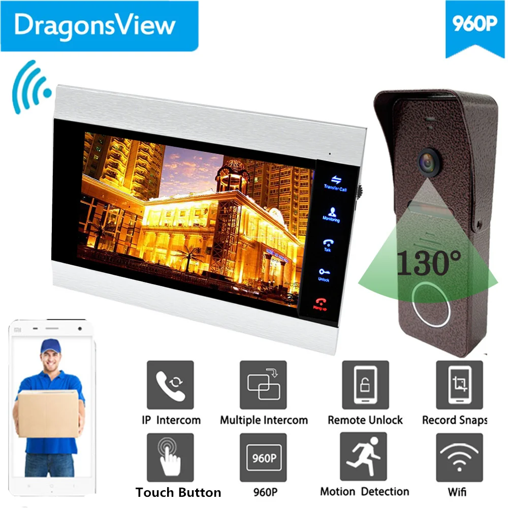 【960P широкоугольный 】Dragonsview видео-телефон двери 7 дюймов беспроводная домашняя система домофона Wifi монитор дверной Звонок камера разблокировка запись