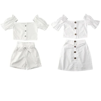 

Summer Princess Kids Baby Girl Clothes Sets Summer Off-Shoulder White T Shirts Tops+Bowknot Shorts/Skirts Clothes