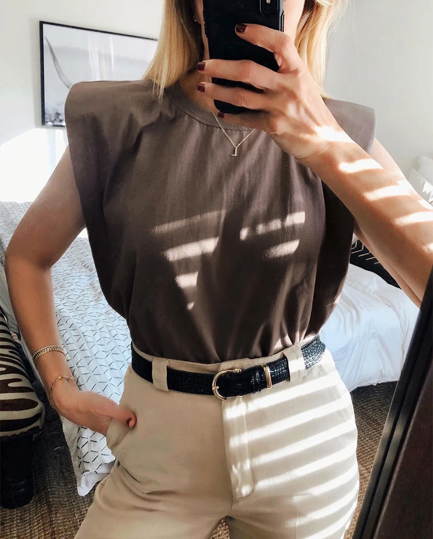 Summer Sleeveless Top Female O Neck White Women Blouse Shirt Ladies Loose solid Chic Casual Blouses Black 2020 Cotton Brown