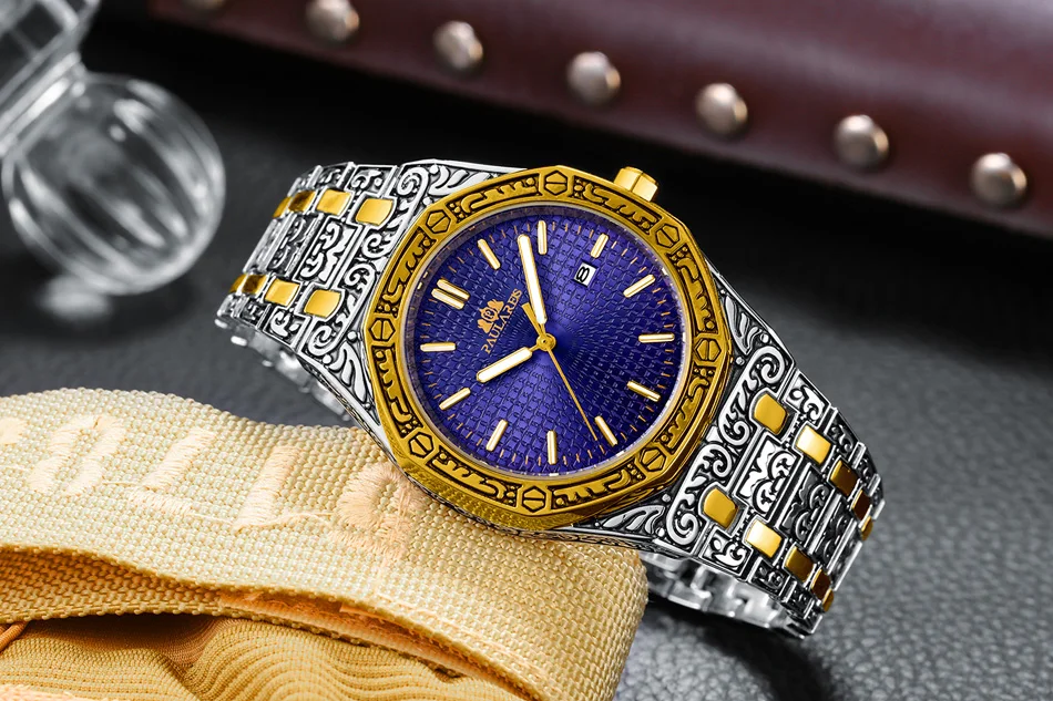 Lusso antico intagliato vintage luminoso oro rosa oro giallo argento 2 toni blu quarzo classico da uomo_voghion.com