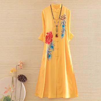 

Embro mill new autumn women linen cotton dress ethnic style Retro elegant lady embroidery loose party Cheongsam dress S-XXL
