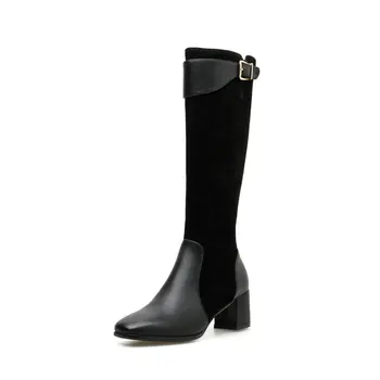 

Women genuine leather Ladies knee high Boots Zipper Classic Design Thick High Heels patchwork Pumps Party Shoes Woman