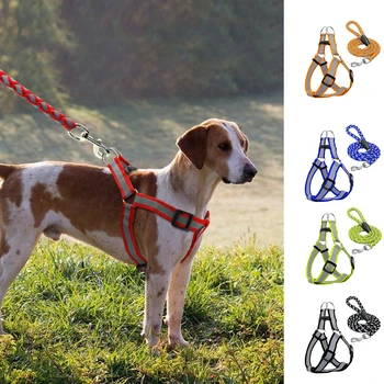 

Reflective Dog Harness Leash Set Braided Traction Round Rope Large Medium Small Dog Chain Night Out Luminous Harness For Dogs