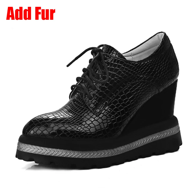 black 2 add fur DORATASIA/размеры 32-42; Лидер продаж; модные туфли на плоской платформе с резным узором; женские мокасины на танкетке; женская обувь на высоком каблуке - Цвет: black 2 add fur