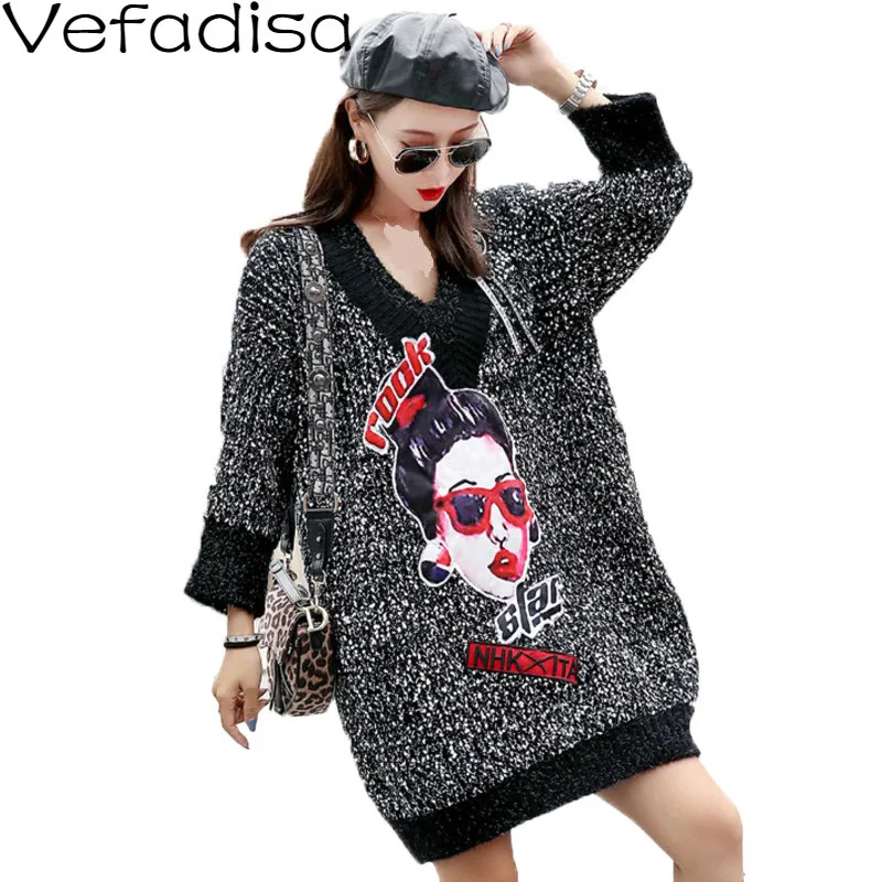 Vefadisa Winter Character Pullovers Sweater Dress V-Neck Long Sleeve Casual Knitting Woman 2019 QYF751 | Женская одежда