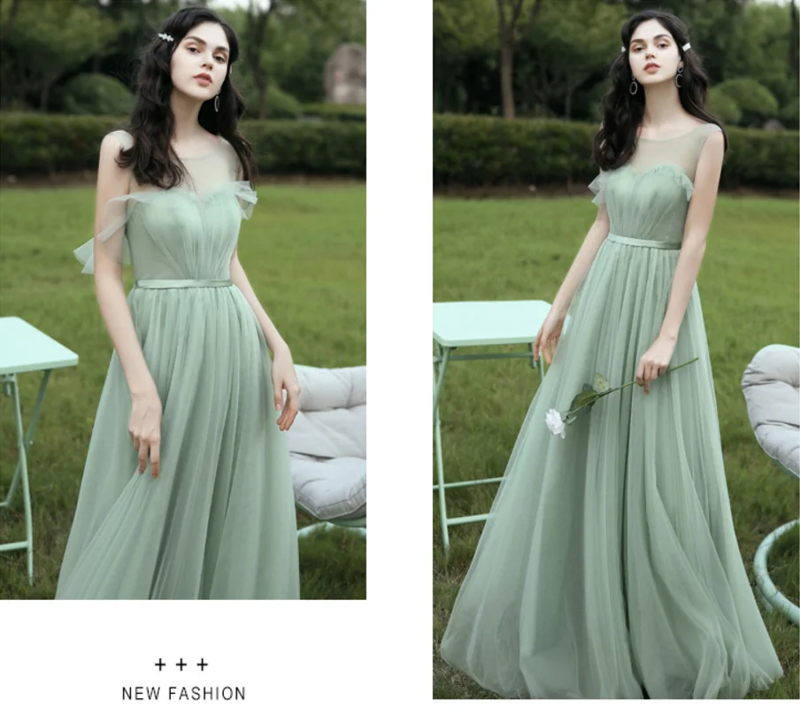 Vestidos De Festa New Elegant Green Bridesmaid Dresses Tulle Sleeves Ruffles Vestidos Verdes Formal Long Party Gown Real Price