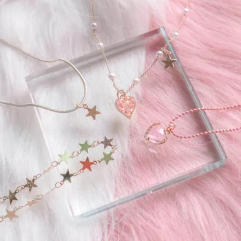 

Japan And Korea Pink Love Pendant Gold Star Necklace Long Clavicle Chain For Woman Fashion Jewelry Wholesale