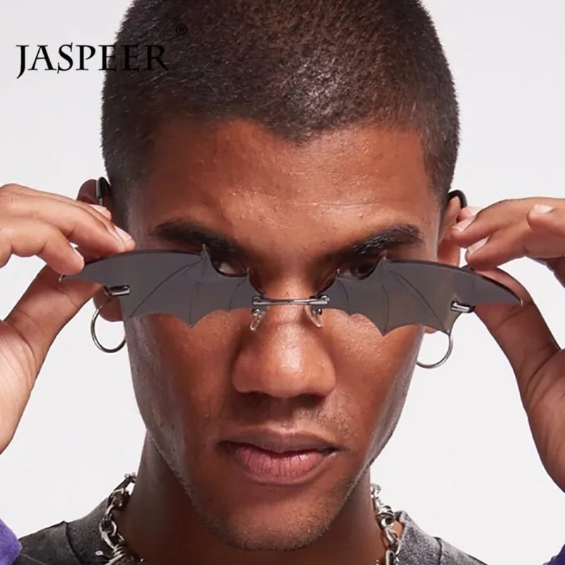 

JASPEER Fashion Sunglasses Women Men Rimless Vintage Bat Shape Glasses Eyewear Luxury Brand Trending Sunglasses For Women