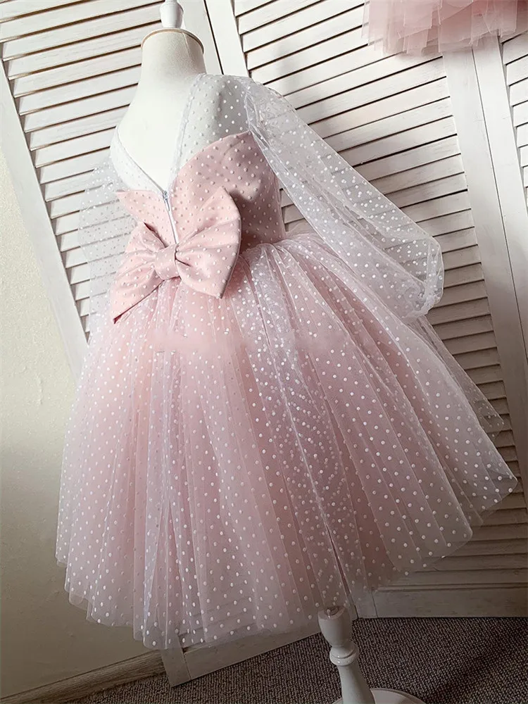 

Pink Long Sleeve Flower Girl Dress Polka Dot Tulle Backless Satin Bow Girls Birthday Dress Pageant Gown Photography