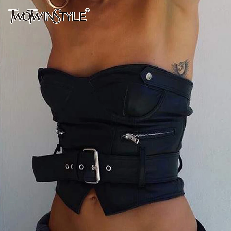 

TWOTWINSTYLE PU Leather Women's T Shirts Slash Neck Off Shoulder Sashes Crop Top Female Summer Streetwear Fashion New 2019