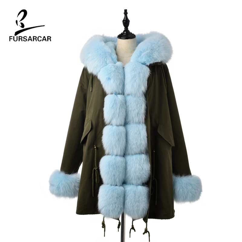 Amy Green With Blue Мех Sarcar Зима Новая женская подкладка из натурального кроличьего меха парка пальто женские куртки и пальто с воротником из лисьего меха капюшон толстые пальто - Цвет: Amy Green With Blue
