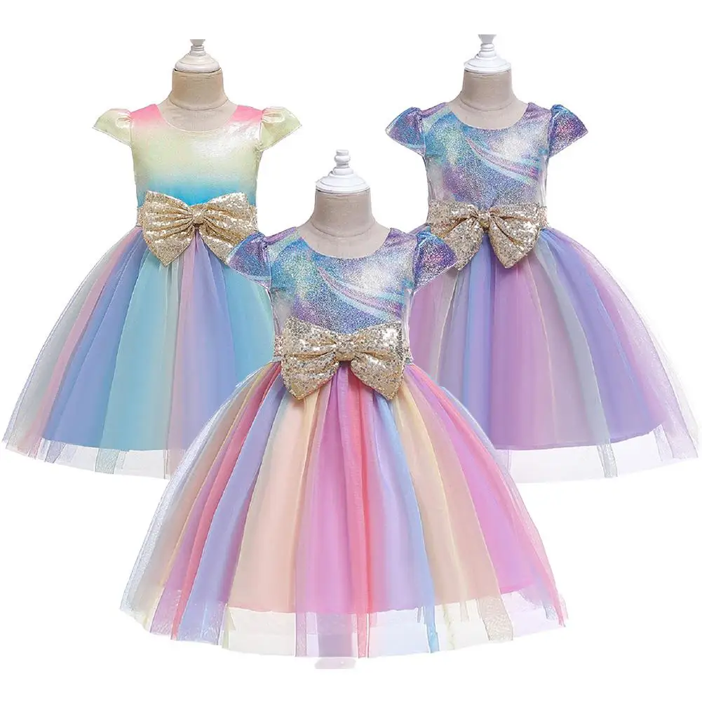 

Girl Casual Dress Tulle Princess Dress Bowknot Sequins Gradient Color Short Sleeve Wedding Party Full Dress for Girl