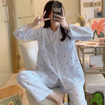 

2065# 100% Cotton Maternity Nursing Sleepwear Loose Summer Thin Pajamas Clothes for Pregnant Women Pregnancy Homewear Lounge Set