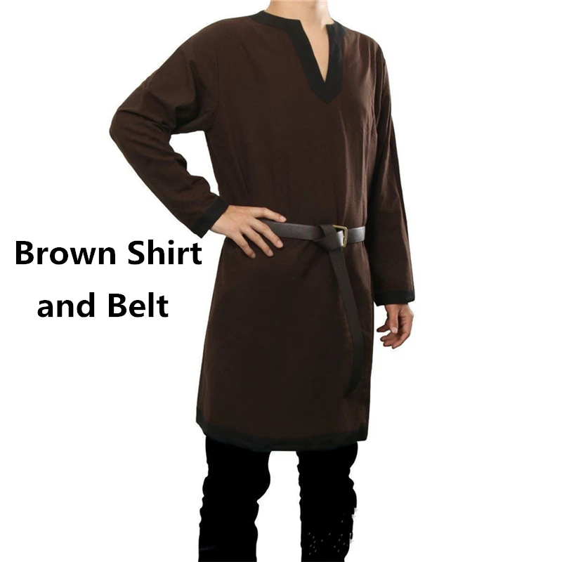 Brown Shirt and Belt Male Halloween Medieval Viking Warriors Knight Shirts Belt Renaissance Vintage Middle Age V-neck Party Cosplay Costumes - Цвет: Brown Shirt and Belt