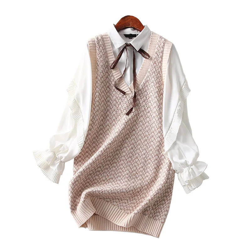 

One-Piece Epoxy Tooling Board Ear Bow Lace-up Solid Color Shirt V-neck Knitted Vest Two-Piece Women's Entity