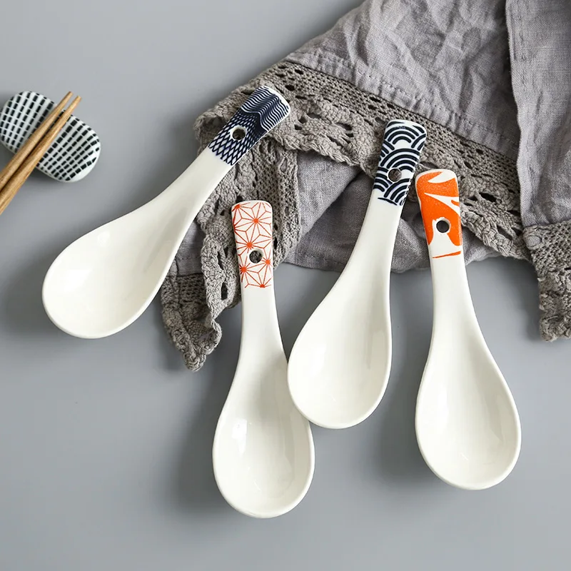 

1pc / 14.3cm Japanese Style Long Handle Underglaze Ceramics Soup Spoons Cutlery Kitchen Accessories