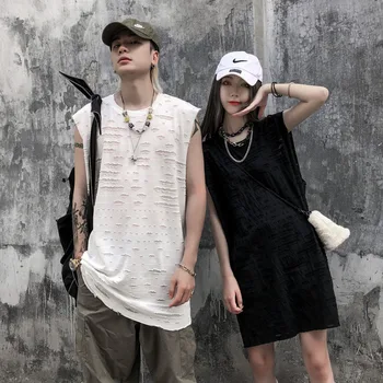 

Men Broken Hole Streetwear Hip Hop Causal Tops Tank Male Women Vintage Fashion Loose Sleeveless Couple Tees Shirts