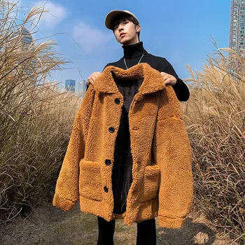 

Men Wool Coat Winter Thickened Inner Fleece Thermal Jackets Deep V-collar Front Pockets Dropped Shoulder Korean Style Youth Wear
