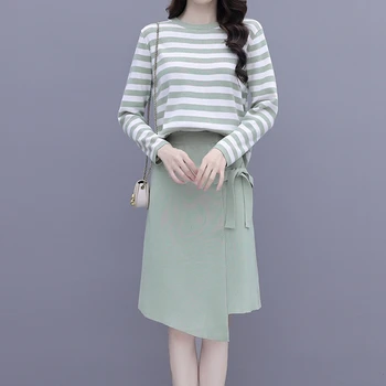 

High quality kintted skirt suit 2020 Autumn women 2 piece set Striped Kintted sweater Top+High waist Bow irregular skirt suit