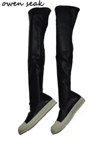 Женские сапоги выше колена Owen Seak, черные повседневные сапоги для тренировок, обувь на плоской подошве, большой размер, для зимы, 2019