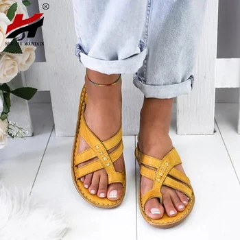 

NAN JIU MOUNTAIN 2020 Summer Leather Flat Women's sandals Comfortable solid color open toe outdoor beach slippers plus size