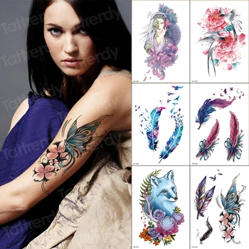 

Waterproof Temporary Tattoo Sticker bird feather body art watercolor tatoo fake big 6pcs/sets arm sleeve tattoos for girl women