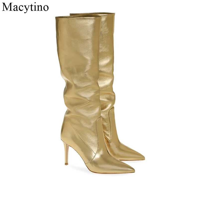 

Winter The Knee Women Boots Gold High Heel Slip on Shoes Pointed Toe Woman Long Boots Casual Dress Shoes Big Size 34-45