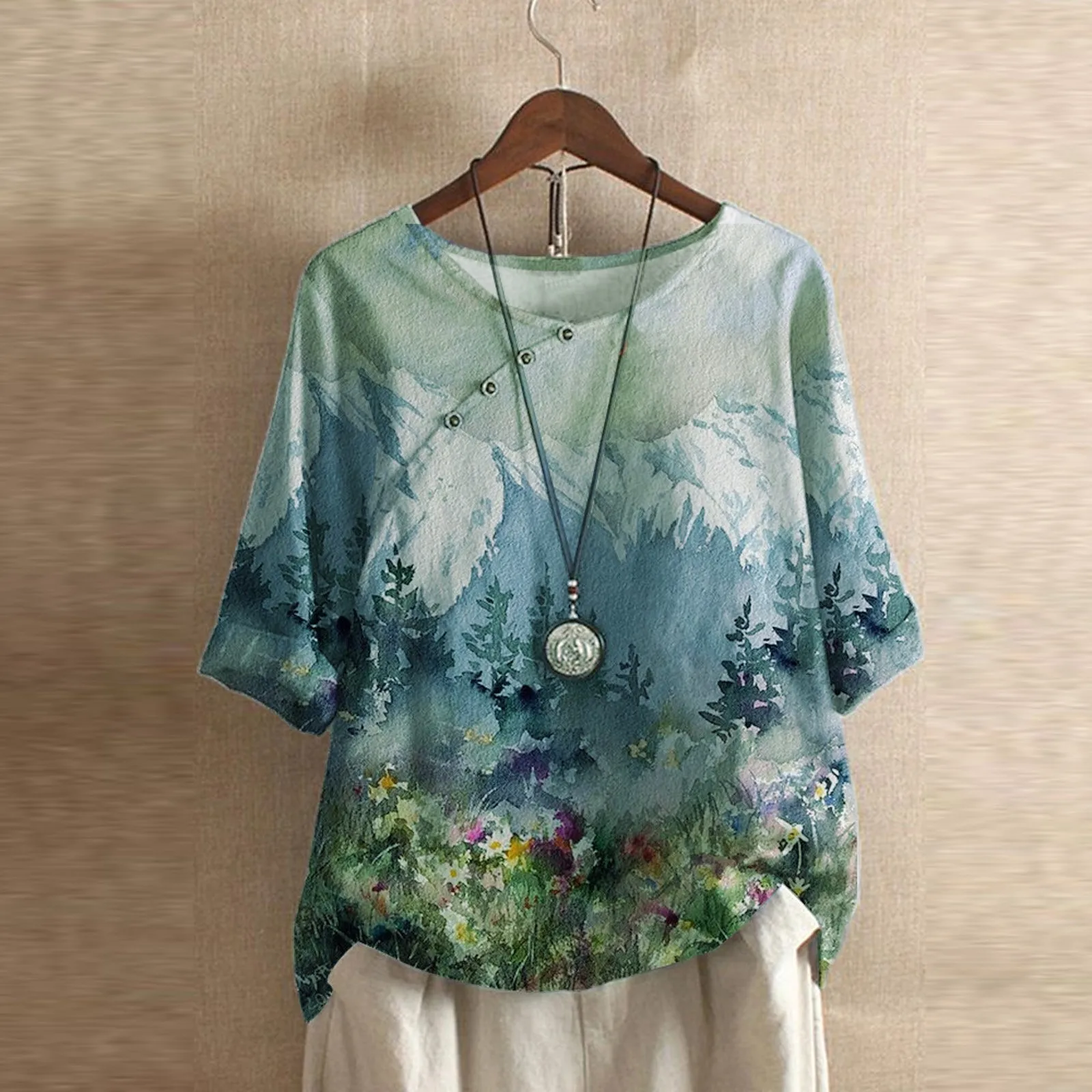 T-shirt female Women Autumn Tops Plus Size Button Flower 3/4 Sleeve Linen T-shirt Loose Crew Neck Harajuku Tops Рубашки 1