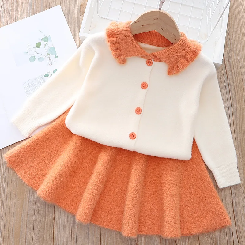 Girls' long sleeve knitting suit 2022 Christmas autumn winter new girls' sweater cardigan knitting Top + skirt two piece set baby outfit matching set Baby Clothing Set