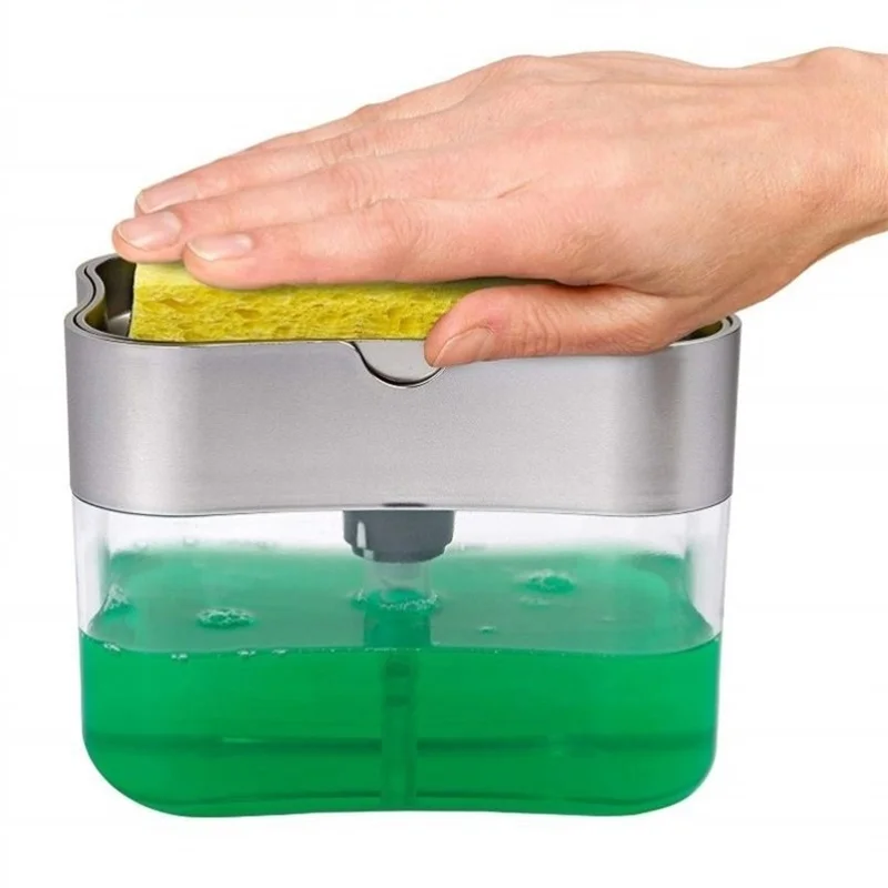

Kitchen Liquid Soap Dispenser with Sponge Storage Holder Soap Pump Dispenser Container Space Saving Kitchen Storage Organizer