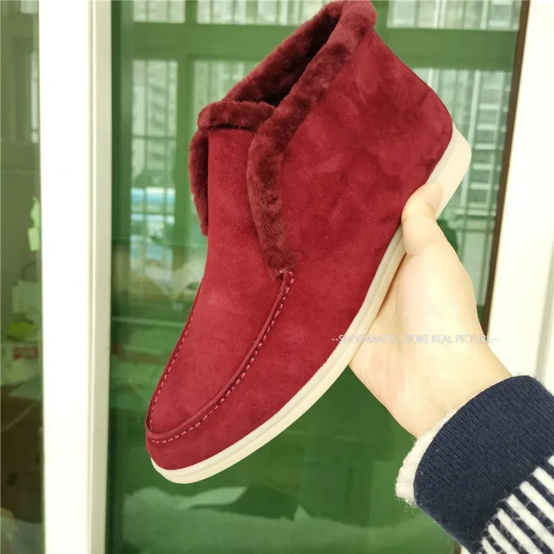New Natural Wool Women Snow Boots Top Quality Winter Flat Shoes Slip On Runway Boots Warm Cozy Smooth Suede Short Botas Mujer