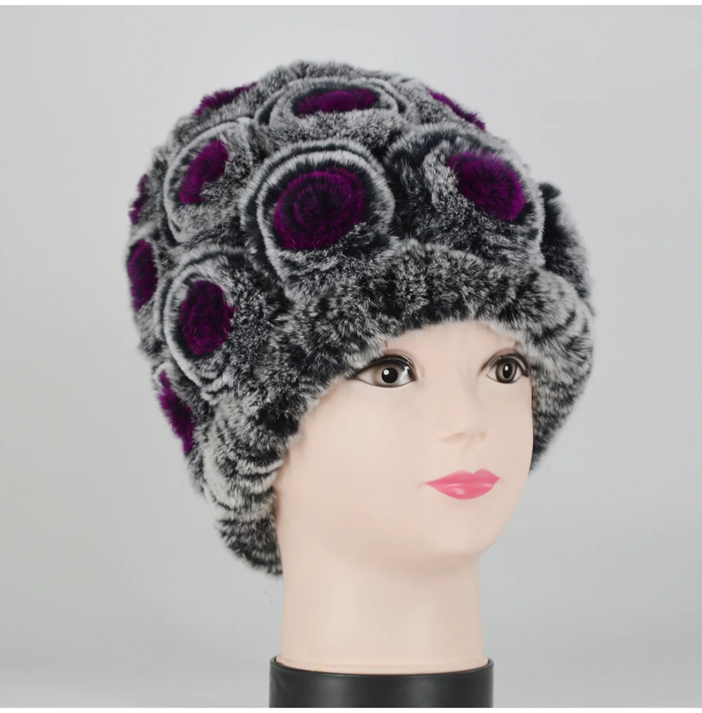 Winter Rex Rabbit Fur Hat Women Knitted Natural Rex Rabbit Fur Flowers Beanies Hats Warm Soft Real Rex Rabbit Fur Caps
